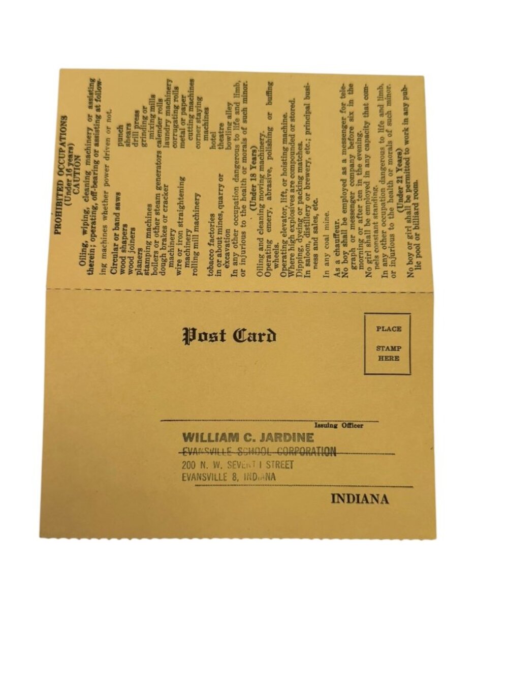 Vintage 1962 Evansville Indiana Child Labor Employment Certificate Work Permit